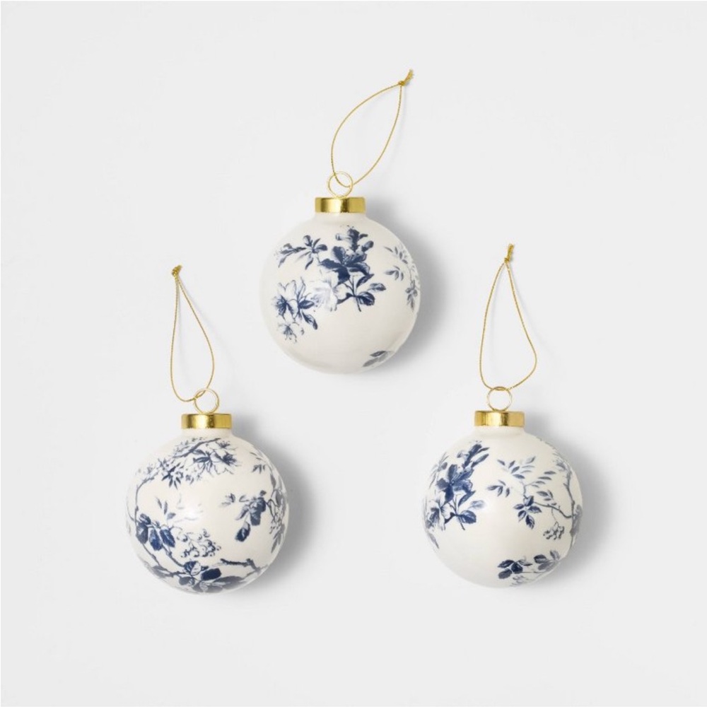 Set of 3 Hand Painted Christmas Ornaments White/Blue - Threshold Studio McGee